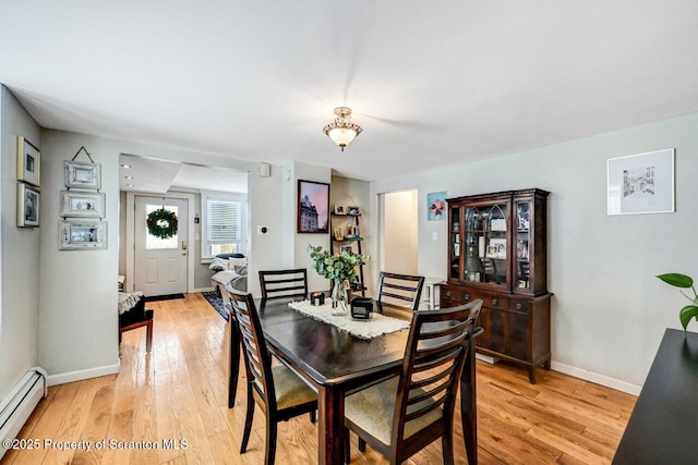 dining room with light hardwood / wood-style floors and baseboard heating