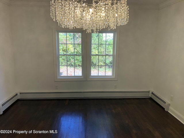 unfurnished dining area with a chandelier, dark hardwood / wood-style floors, and crown molding