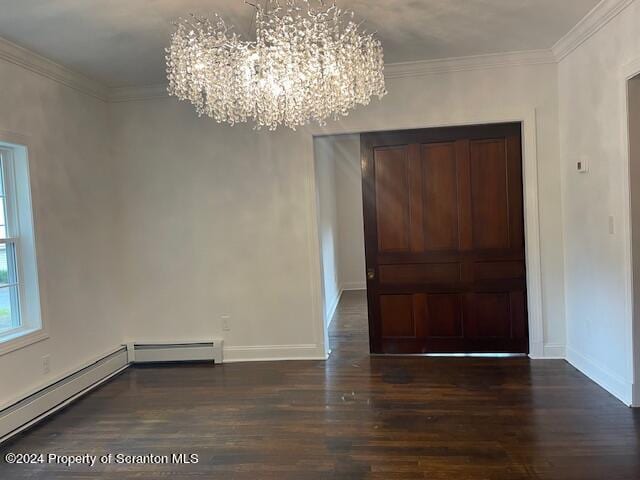 unfurnished dining area featuring a notable chandelier, dark hardwood / wood-style flooring, crown molding, and a baseboard heating unit