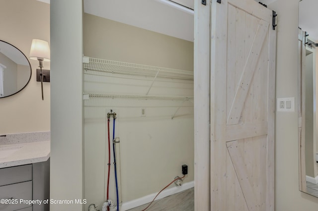 washroom with a barn door and sink