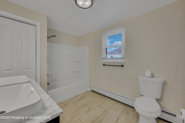 full bathroom with toilet, vanity, baseboard heating, and bathing tub / shower combination