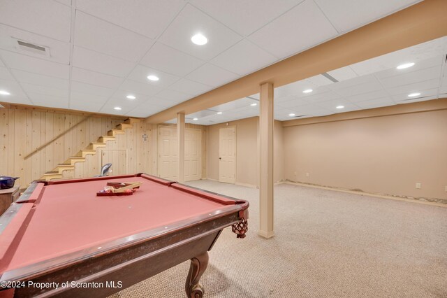 recreation room featuring carpet, wood walls, and billiards