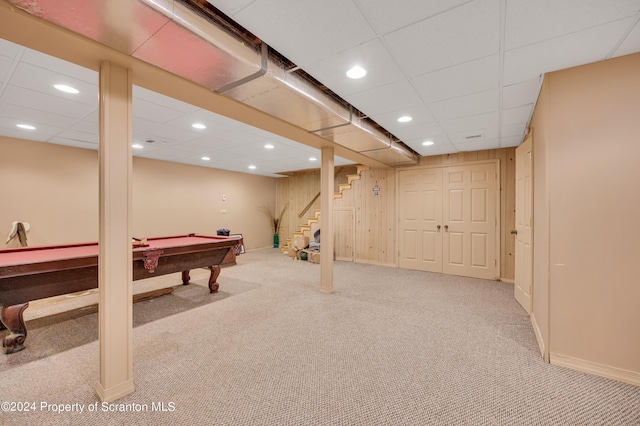 recreation room featuring wood walls, carpet, and pool table