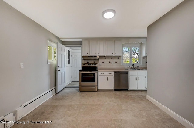 1319 Pine St, Scranton, PA 18510 - kitchen featuring stainless steel appliances, baseboard heating, white cabinetry, decorative backsplash, and under cabinet range hood