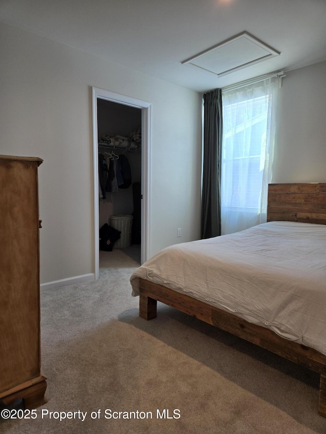 carpeted bedroom featuring a spacious closet and a closet