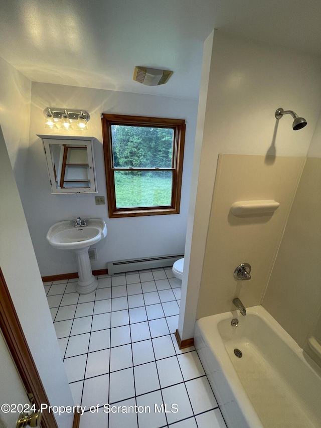 bathroom with shower / tub combination, tile patterned flooring, a baseboard radiator, and toilet