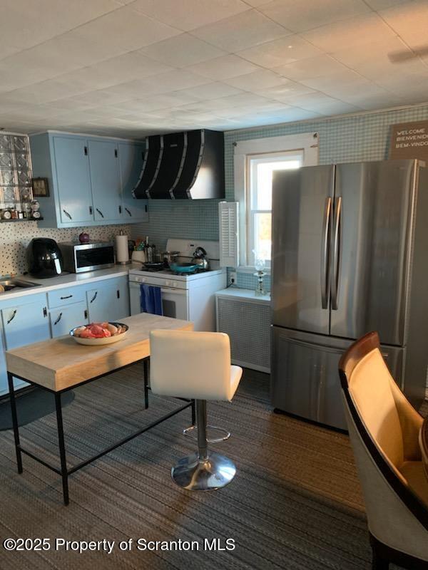 kitchen featuring stainless steel appliances, range hood, decorative backsplash, and radiator heating unit