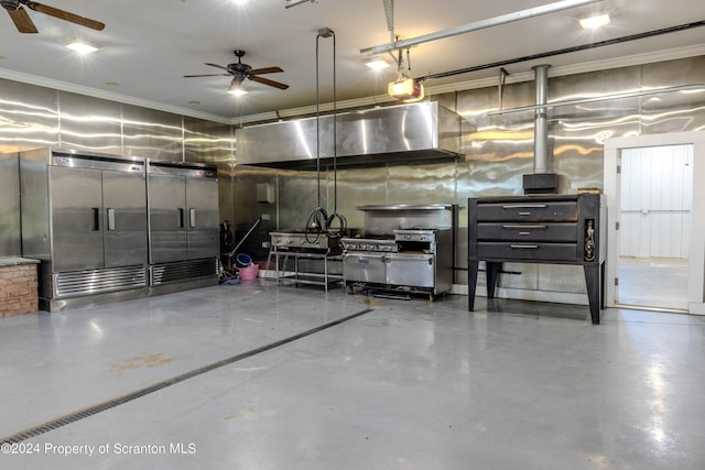 garage featuring ceiling fan and a garage door opener