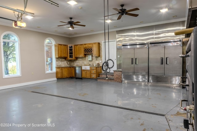 garage featuring ceiling fan and a garage door opener