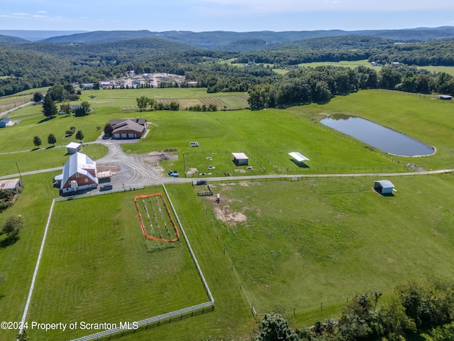 birds eye view of property featuring a rural view and a water and mountain view