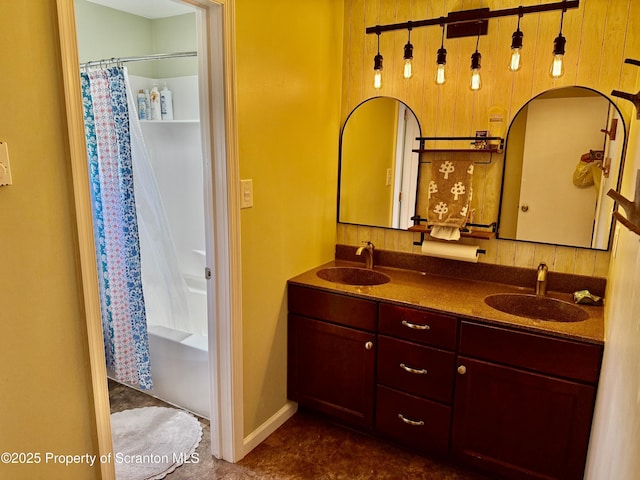 102 Bubernak Blvd, Old Forge, PA 18518 - full bathroom featuring double vanity, a shower with shower curtain, and baseboards