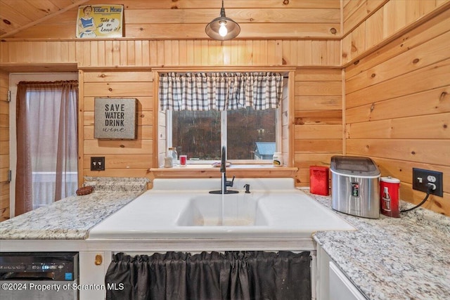 kitchen featuring pendant lighting, vaulted ceiling, wooden walls, and wood ceiling