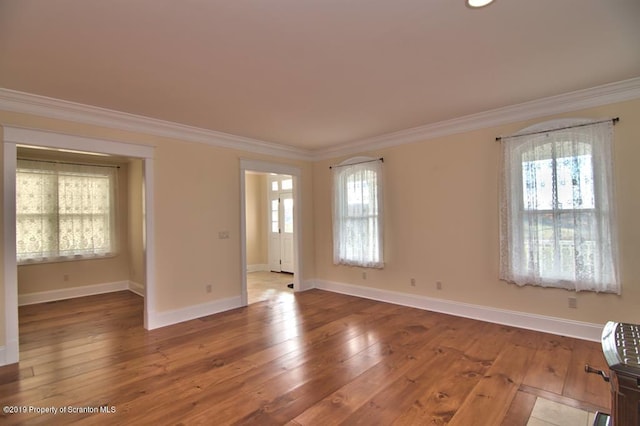 spare room featuring light hardwood / wood-style floors and ornamental molding