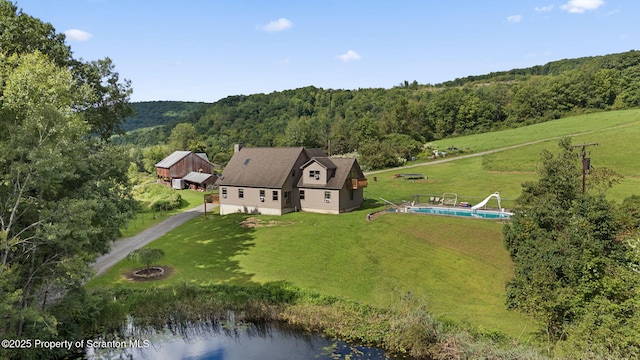 aerial view featuring a water view