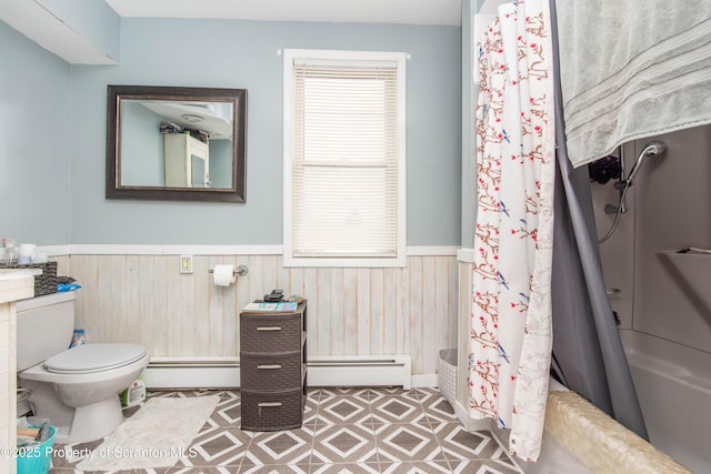 bathroom featuring wooden walls, a shower with shower curtain, toilet, and baseboard heating