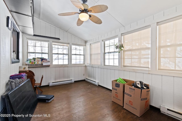 sunroom with a ceiling fan, a baseboard radiator, and lofted ceiling