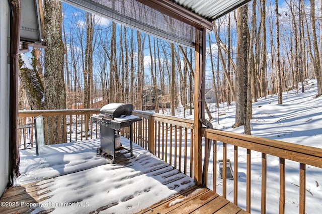 snow covered deck with grilling area