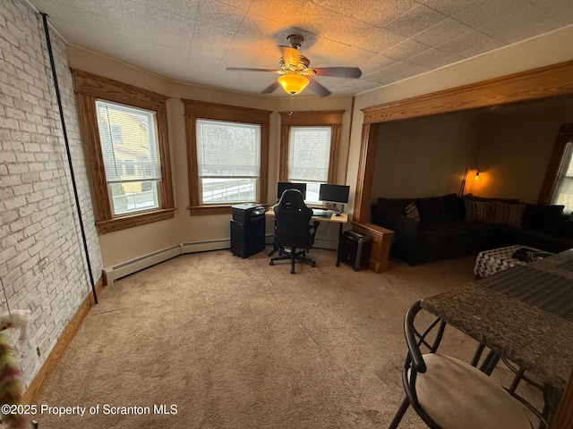 office with a wealth of natural light, light colored carpet, and baseboard heating