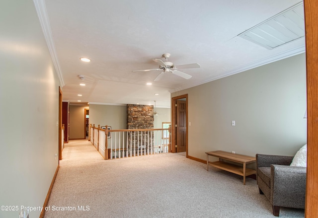 72 Adams Dr, Waymart, PA 18472 - sitting room featuring ornamental molding, recessed lighting, carpet flooring, and ceiling fan
