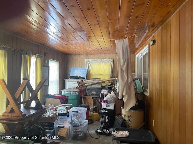 interior space with wood ceiling and wood walls