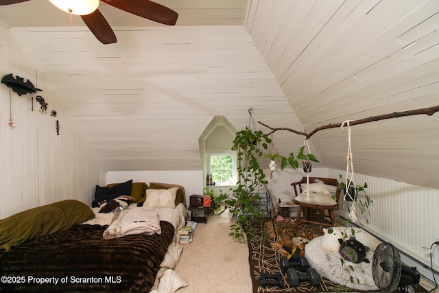 525 N Abington Rd, Waverly Twp, PA 18411 - bedroom with vaulted ceiling, carpet floors, wooden walls, and wood ceiling