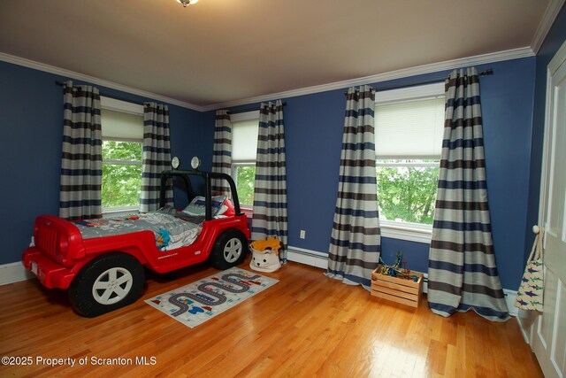 525 N Abington Rd, Waverly Twp, PA 18411 - bedroom with ornamental molding, wood finished floors, multiple windows, a baseboard radiator, and baseboards