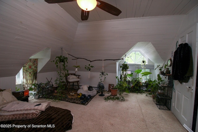 525 N Abington Rd, Waverly Twp, PA 18411 - living area featuring carpet, ceiling fan, wood ceiling, and lofted ceiling
