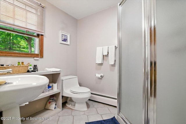 104 Sturbridge Rd, Clarks Summit, PA 18411 - bathroom featuring baseboard heating, a stall shower, and tile patterned flooring