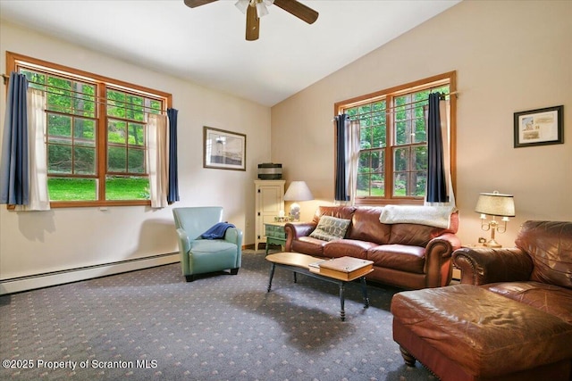 104 Sturbridge Rd, Clarks Summit, PA 18411 - living area with vaulted ceiling, healthy amount of natural light, ceiling fan, a baseboard radiator, and carpet floors