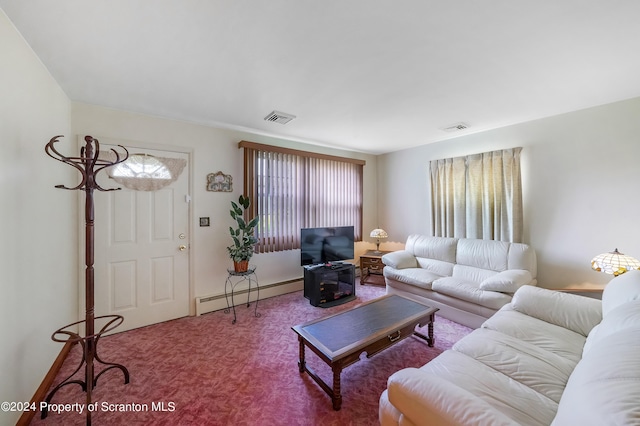 carpeted living room with a baseboard radiator