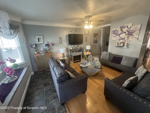 1008 Crown Ave, Scranton, PA 18505 - living area featuring ceiling fan and a fireplace