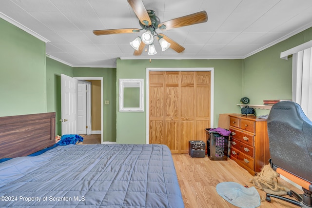 bedroom featuring ceiling fan, crown molding, light hardwood / wood-style flooring, and a closet