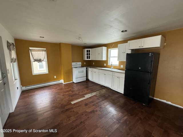 kitchen with white range with electric cooktop, a baseboard radiator, dark wood-style flooring, freestanding refrigerator, and a sink