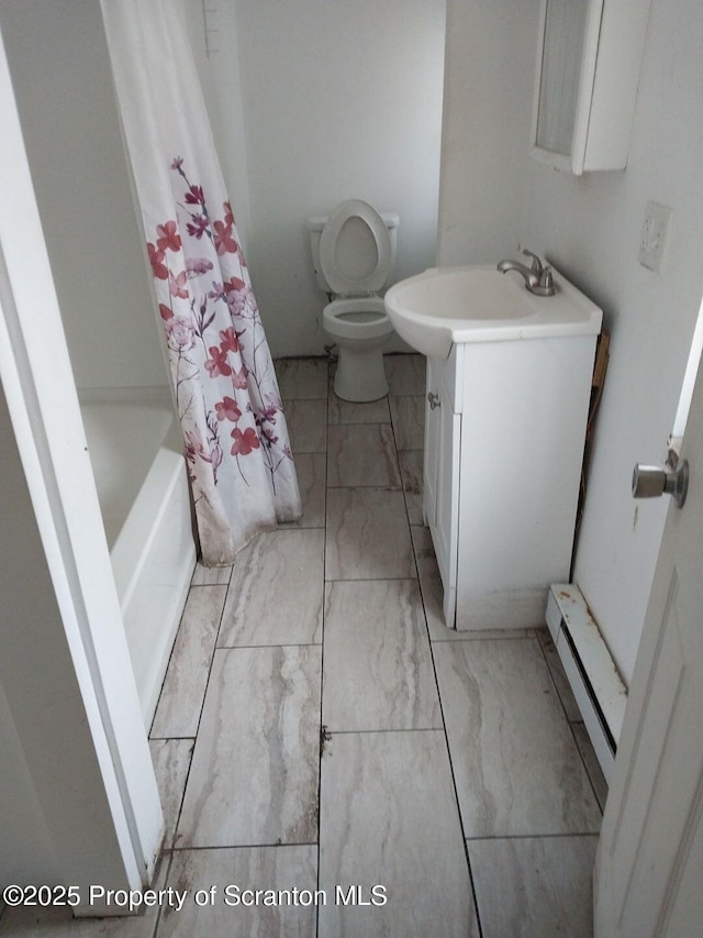 bathroom featuring a baseboard heating unit, toilet, marble finish floor, and vanity