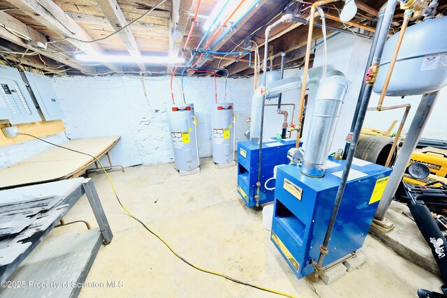 unfinished basement featuring water heater and a heating unit