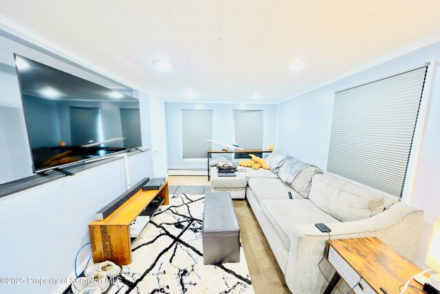 living area featuring a baseboard heating unit and recessed lighting
