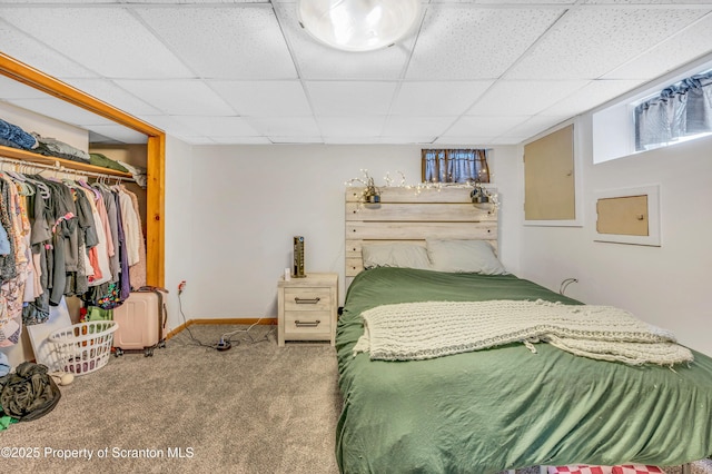 carpeted bedroom featuring a paneled ceiling and a closet