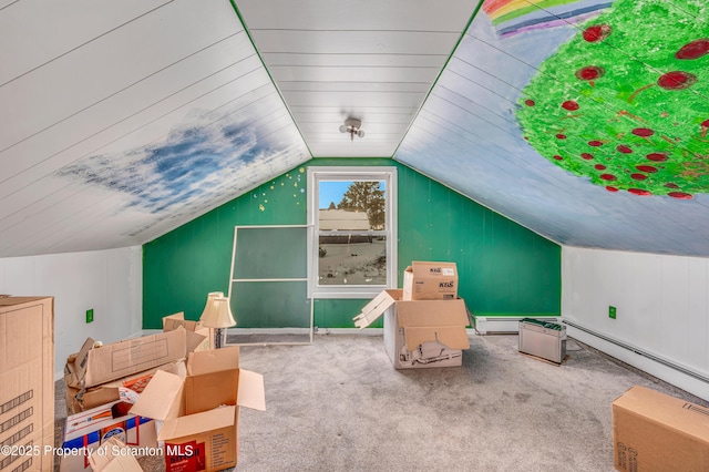 bonus room with lofted ceiling, baseboard heating, and carpet