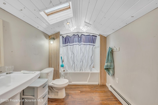 bathroom featuring wooden ceiling, hardwood / wood-style flooring, baseboard heating, toilet, and shower / bathtub combination with curtain