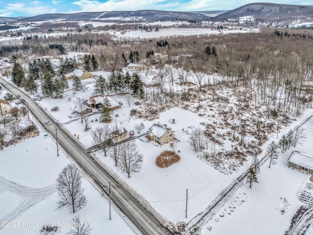 snowy aerial view featuring a mountain view