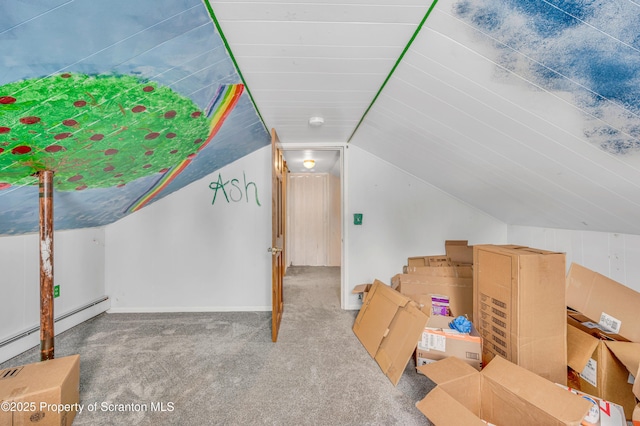 bonus room featuring carpet floors, vaulted ceiling, and a baseboard heating unit