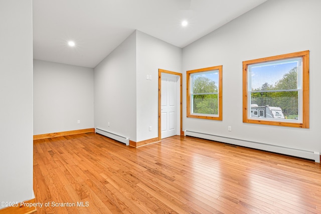87 Old Farm Ln, White Haven, PA 18661 - spare room featuring a baseboard radiator, baseboard heating, light wood-style floors, recessed lighting, and baseboards