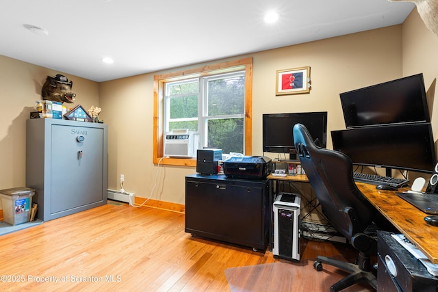 87 Old Farm Ln, White Haven, PA 18661 - office with a baseboard heating unit, light wood finished floors, baseboards, recessed lighting, and cooling unit