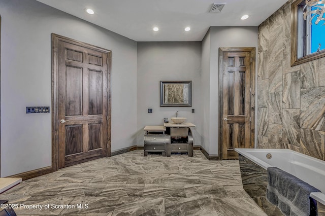 815 Oak St, Archbald, PA 18403 - full bathroom featuring visible vents, baseboards, recessed lighting, a bath, and marble finish floor