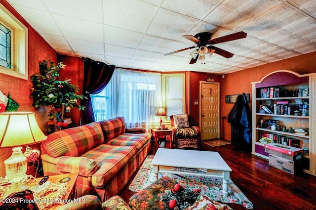 living room with ceiling fan and wood-type flooring