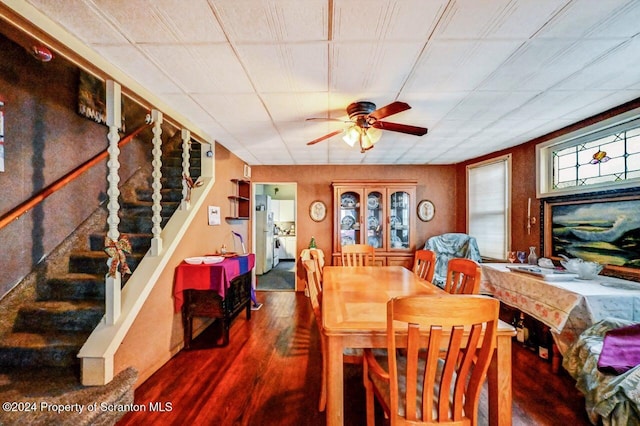 dining area featuring hardwood / wood-style flooring and ceiling fan