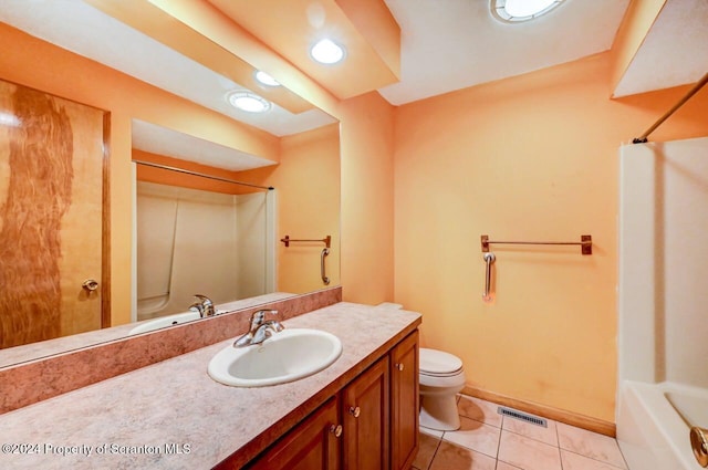 full bathroom featuring tile patterned flooring, shower / bathing tub combination, vanity, and toilet