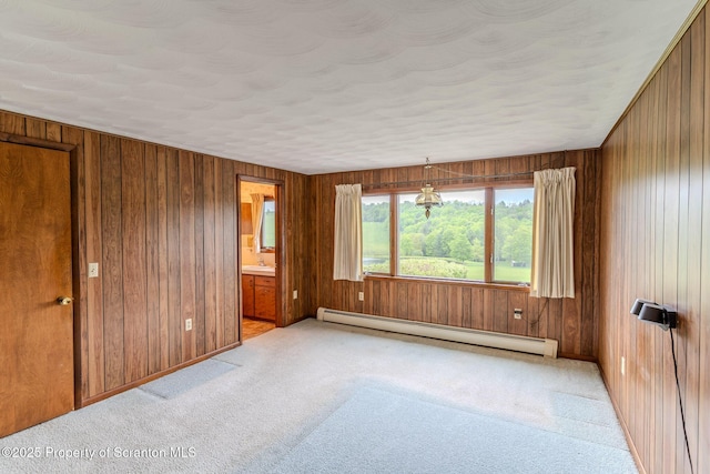 474 Tingley Lake Rd, New Milford, PA 18834 - unfurnished room with baseboard heating, light carpet, and wooden walls