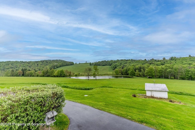 474 Tingley Lake Rd, New Milford, PA 18834 - surrounding community featuring a water view, a yard, an outbuilding, and a forest view