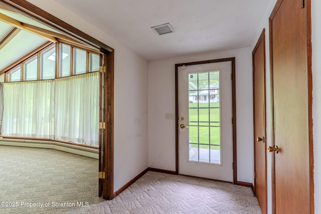 474 Tingley Lake Rd, New Milford, PA 18834 - doorway to outside with light colored carpet, baseboards, and baseboard heating